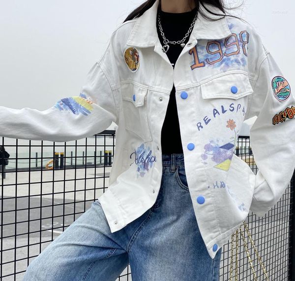 Chaquetas de mujer, chaqueta vaquera blanca con solapa estampada colorida para mujer, pantalones vaqueros recortados con grafiti de manga larga holgados de otoño para mujer