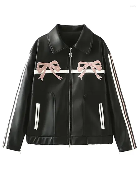 Chaquetas de mujer Contraste Arco Impreso Chaqueta de cuero negro Cool Solapa Cremallera Bolsillos Abrigos de manga larga 2024 Primavera Motocycle Streetwear