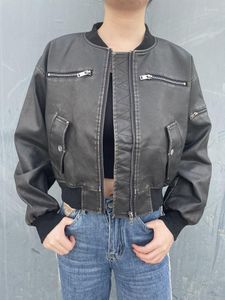 Chaquetas de mujer Cool PU Leather Crop Jacket Womens Short Cropped Bomber Women Black Faux Coats Streetwear Efecto desgastado