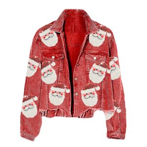 Chaquetas de mujer Pana Santa Claus Chaqueta con lentejuelas Negro Rojo Uniforme de béisbol Casual Otoño e invierno Outwear Coat 231120