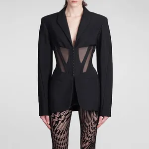 Damesjacks korset stijl chic en elegante vrouw jas mode sexy doorzichtige gaas stiksel visbeen trim taille jas 2024