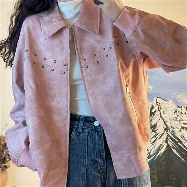 Vestes pour femmes cardées de style motard en cuir rose rose vintage sweet manteaux niche chic cardigan décontracté streetwear à la mode