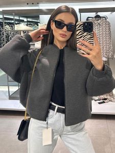 Chaquetas de mujer Recortada Gris Cálido Bomber Chaqueta Ticken Faux Cashmere Cremallera Otoño Mujeres Abrigo Single Breasted Stand Collar Pocket Streetwear