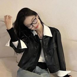 Damenjacken Croppes Tops Temperament Frauen Jacke Patchwork PU Vintage Outwear 2024 Ropa Mujer Mode Koreanische Harajuku Mantel Y2k Kleidung