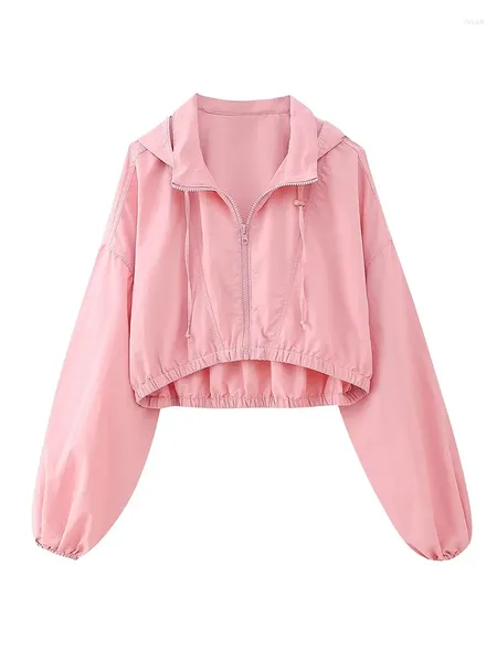 Chaquetas de mujer linda señora ropa informal estilo 2023 otoño rosa con capucha corta mujer casual manga larga cintura elástica cremallera prendas de vestir