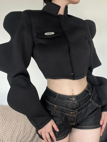 Vestes Femmes Mignon Solide Noir Automne Hiver Femmes Veste Mode Col Montant Simple Boutonnage Lanterne Manches Femme Manteau Streetwear