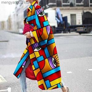 Chaquetas de mujer Cutubly Tribal Print Trench Coat Mujer Ropa elegante suelta Club Party Mujer Outwear Turn Down Collar Tops Chaquetas largas vintage T230724