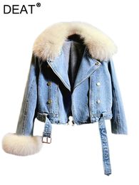 Vestes pour femmes DEAT Denim manteau col de fourrure détachable ceinture à double boutonnage taille épaisse chaude 2023 mode d'hiver 29L3737 231213