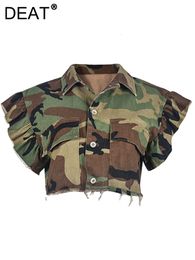 Vestes Femmes DEAT Mode Femmes Veste Col Rabattu Manches Papillon Simple Boutonnage Camouflage Imprimé Manteau Court Printemps 17A7035 230926