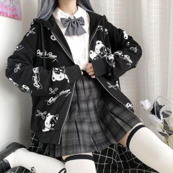 Vestes pour femmes DEEPTOWN Harajuku mode sweat femmes noir Y2k sweat à capuche zippé Style coréen imprimer à manches longues Kawaii fille vêtements d'automne