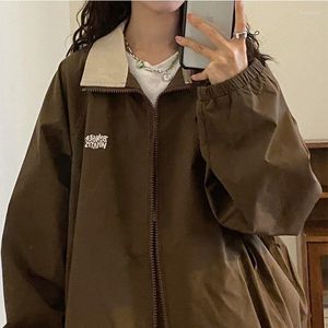 Vestes pour femmes Deeptown Harajuku Vintage Brown Cargo Bomber Femmes Y2k Streetwear 90s Patchwork Baseball Jacket Korean Oversize Zip Coat