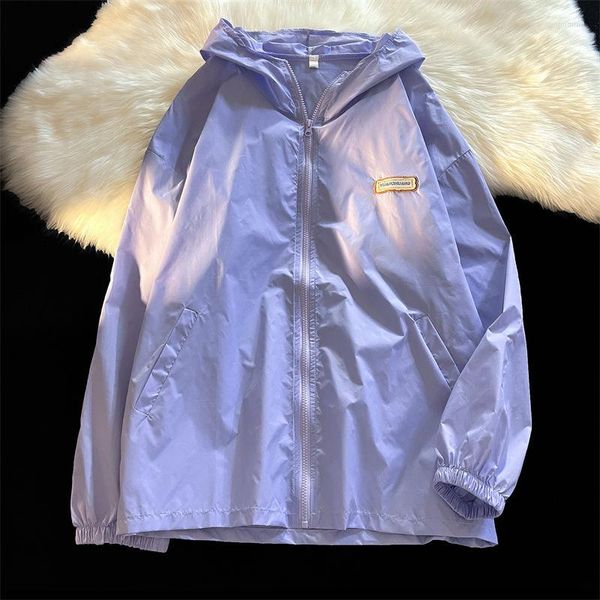 Chaquetas de mujer Deeptown Purple Harajuku Chaqueta a prueba de sol Mujer rompevientos Oversize Outwear Abrigo de moda coreano con capucha Blanco Verde Verano