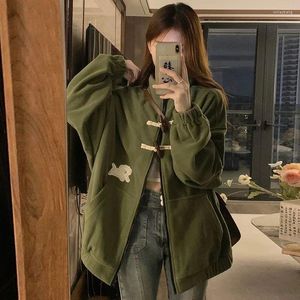 Vestes Femmes Deeptown Hiver Vintage Vert Veste Femmes Harajuku Japonais Y2k Mignon Sweat À Capuche Broderie Coréenne Mode Streetwear