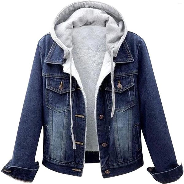 Vestes Femmes Denim Manteaux pour femmes Bouton d'hiver Slim Jean Veste Manteau à capuche avec chapeau de poche détachable pardessus femme vêtements