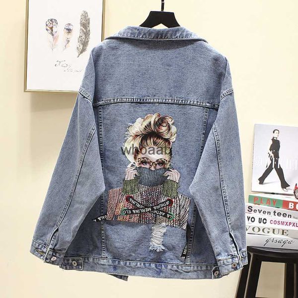 Vestes Femmes Denim Designer Mode Streetwear Lettre Élégant 2023Chic Imprimé Trous Ripped Jean Patchwork BF Style Jeans Manteau 240301