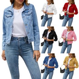 Damesjacks denim mode vrouwelijke casual lange mouw revers Solid Button Down Chest Pocket Slim Jean Jacket Fall Winter Coat 230203