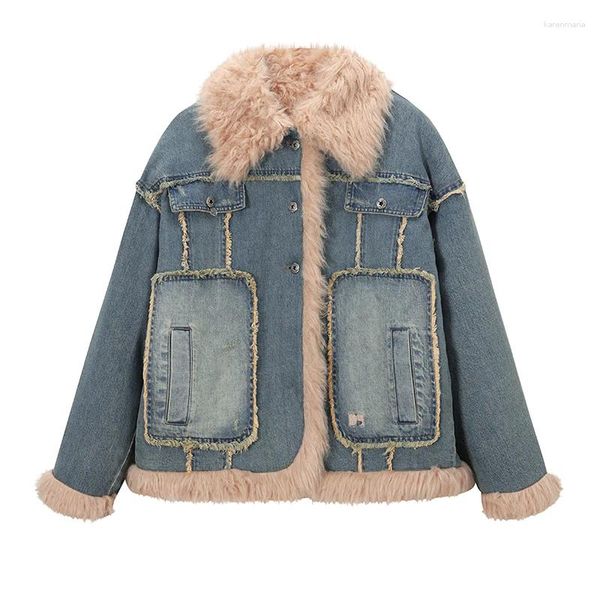 Vestes pour femmes en denim Collier de fourrure Patchwork rétro en matelassée Coton de revers