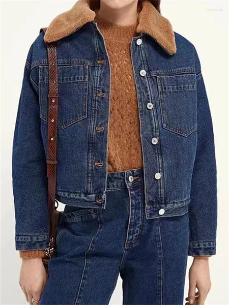 Vestes pour femmes Veste en jean 2023 Collier amovible en peluche Simple boutonnage Lâche Mode Chaud Manteau à manches longues