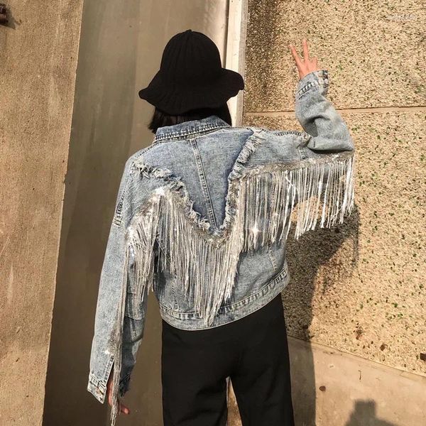 Chaquetas de mujer Chaqueta vaquera Mujer Lentejuelas azul claro Abrigo con borlas Jeans de mujer de un solo pecho 2024 Ropa de moda de primavera y otoño