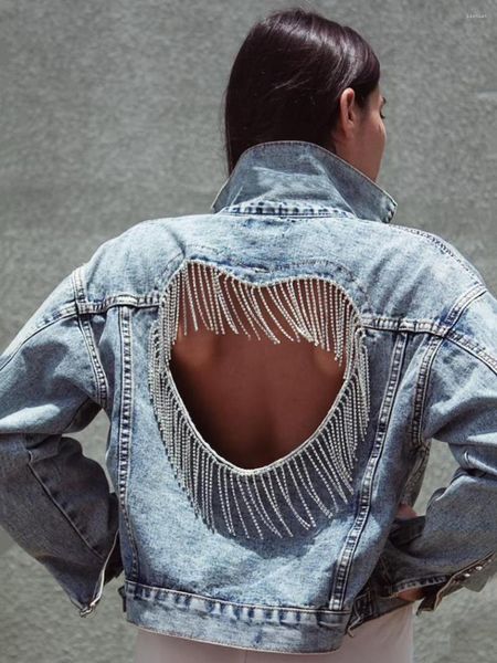 Chaquetas de mezclilla para mujer, abrigo con borlas de diamante azul claro para mujer, pantalones vaqueros con espalda abierta de un solo pecho para mujer, ropa de moda de otoño 2023