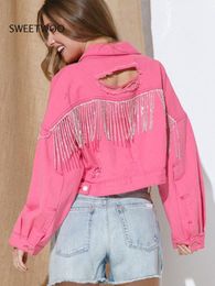 Damesjassen Denim jack dames revers lange mouw gat kwastje recht roze top herfst katoen vintage casual streetwear jas dames 230815