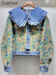 Damesjacks denim jas vrouwen lente herfst schattige poppen kraag lange mouw met een enkel gebrouwen top vintage geborduurde short jas voor