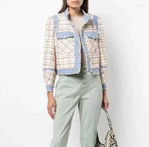 Damesjassen denim patchwork tweed crop jas contrast gestreepte gingham weven gebreide rand met franjes reliëf knop-up katoen kort bovenkleding