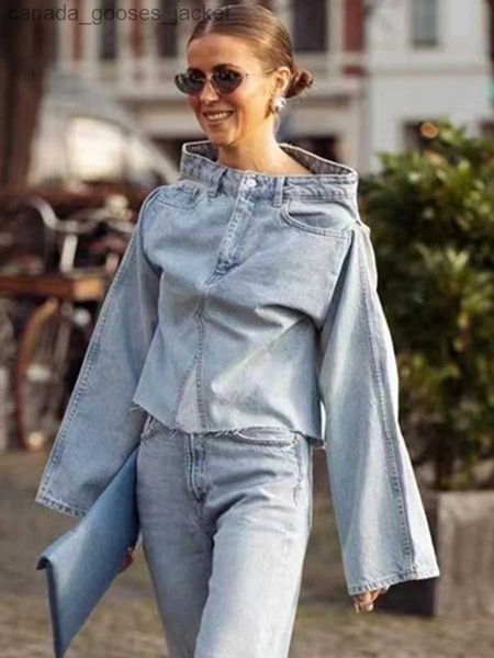 Chaquetas de mujer Diseño Denim Mujeres Ropa exterior Un hombro Largo Flare Sles Botón Hem Fe Coat Streetwear Chic Ladies Jacket 2023 Nuevo L231208