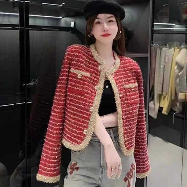 Diseñador de chaquetas para mujeres 2024 Temprano Spring Xiaoxiang Elegancia Bloque de color de alambre de oro Cardigan de manga larga Top 