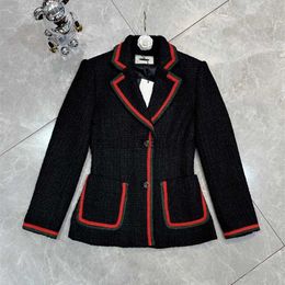 Vestes pour femmes designer 24ss début du printemps nouveau vent rouge vert contraste tissage ruban bord col rabattu laine tweed manteau