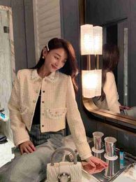 Chaquetas de mujer Diseñador de marca Abrigo 2023 Nuevo Xiaoxiangfeng Pearl Diamond Flip Collar Single Breasted Lace Edge Bead Top de punto 3ZLN