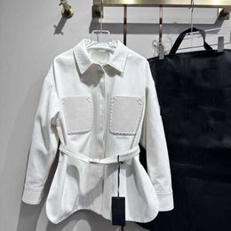Damesjacks Designer merk dubbele f kwaliteit pu pocke aangepaste denim stof mode shirt flip kraag riem dorp jas taille 4qel 0p88
