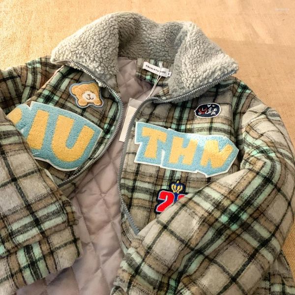 Chaquetas de mujer Diseñador Retro Abrigo de invierno Green Plaid POLO Collar Bat Manga Chaqueta Mujeres de gran tamaño Ropa exterior Harajuku Adolescentes Ropa gruesa