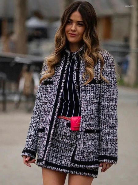 Vestes pour femmes Designer rétro couleur contraste poche mi-longueur manteau en tweed pour la mode d'automne veste à jambe droite avec doublure en soie