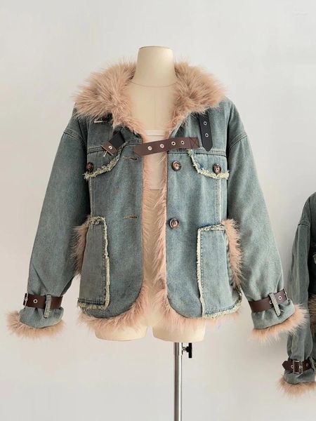 Diseñador de chaquetas para mujeres Collar de piel de invierno grueso PARKAS Parkas Denim cálido Overcoat Chaqueta Qulited Big Bolset Bootsons Singleed Botones