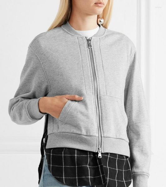 Vestes Femme Designers Noir/Gris Layered Cotton-Jersey Checked Flannel Bomber Jacket Trendy Chic Plaid Patchwork Zipper False
