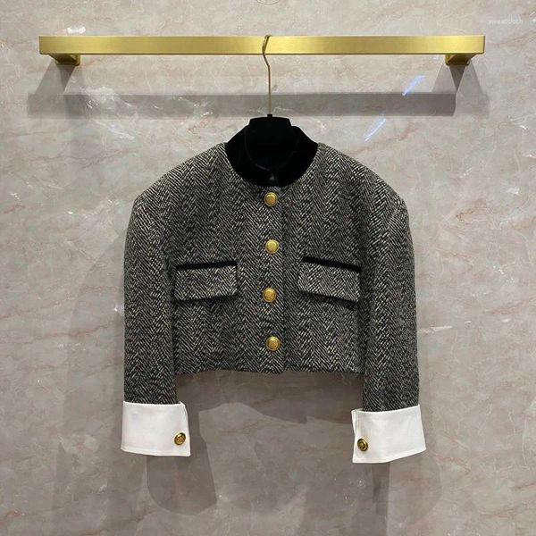 Detalles de chaquetas de mujer Abrigo corto de tweed de lana Chaqueta de manga camisera cosida tejida de sarga en contraste