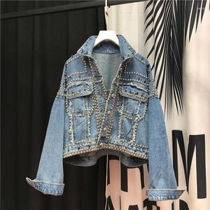 Vestes Femme Diamant Perlé Denim Veste Femme Rétro Coupe Ample Recadrée Femme Printemps Automne Jean Manteau Bleu Femme