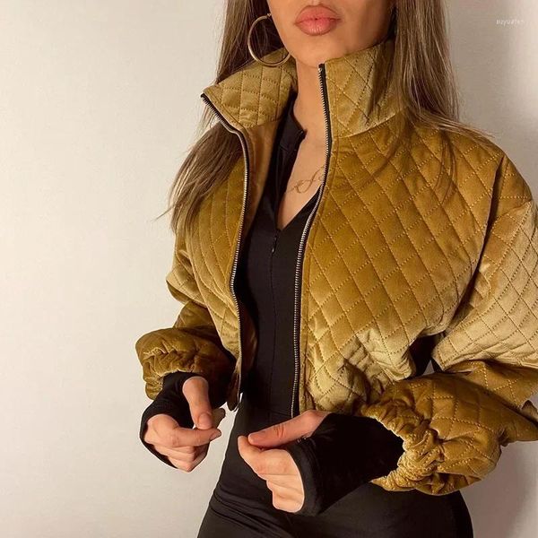 Chaquetas de mujer con entramado de diamantes y cuello levantado, Chaqueta corta con cremallera, temperamento acolchado, estilo Otoño e Invierno