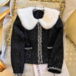 Vestes pour femmes Perles de diamants cardigans noirs détachables Charcons en laine Designer Fleece Necin Sequin épais tweed Tops Women Winter Vêtements