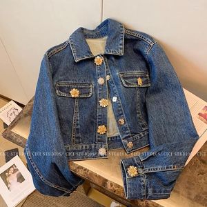 Vestes Femmes Diamants Bouton Crop Denim Veste Femmes À Manches Longues 2023 Automne High Street Mode Coréenne Court Bleu Jean Manteau Dames