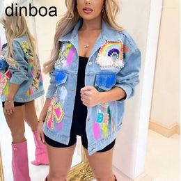 Damesjassen Dinboa-2024 Oversize Dames High Street Fashion Design Regenboog Kleur Pailletten Graffiti Jean Jacket Denim Outfit Shacket