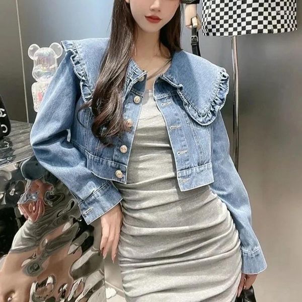 Chaquetas de mujer Cuello de muñeca Empalme Versión coreana Abrigos cortos sueltos Moda de un solo pecho Manga larga Chaqueta de mezclilla informal para mujer