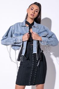 Damesjacks DonSigNet Fashion Denim Jacket Casual Rapel Single Breasted Solid Color Pocket Sexy Hollow Chain Shawl