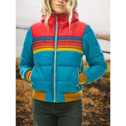 Vestes Femmes Donsignet Femmes Down Manteau Casual Rainbow Fashion Zip-Up Rayé Plus Taille Chapeau 610