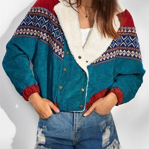 Damesjassen dubbele borsten tribale afdruk faux shearling kraag corduroy jas etnische azteek geprinte jas lente herfst 230110