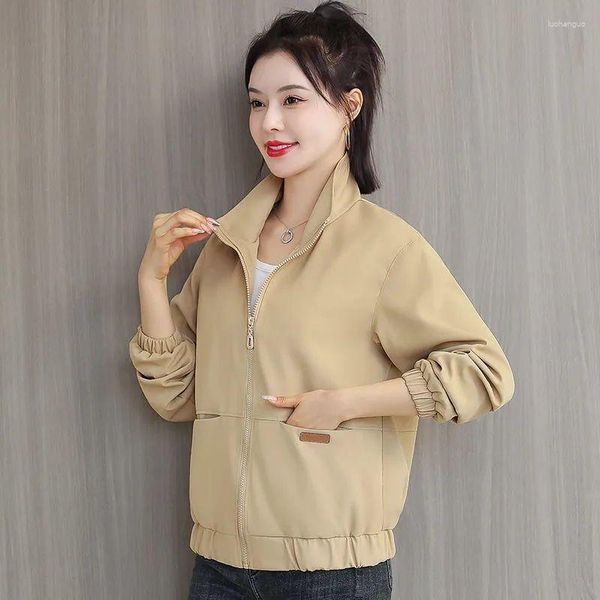 Chaquetas de mujer doble con forro, chaqueta corta para mujer, abrigo de otoño 2023 con cuello levantado, abrigo de herramientas, cortavientos informal coreano, Tops básicos