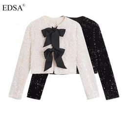 Damesjassen EDSA Damesmode Contrast Strikje Cropped Jas met Pailletten Lange Mouwen voor Vrouwelijke Bovenkleding 231214