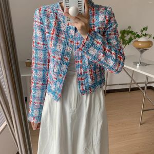 Vestes Femmes Eenk Tweed Bleu et Blanc Plaid Veste courte Top Coat 2023 Version coréenne de Streetwear