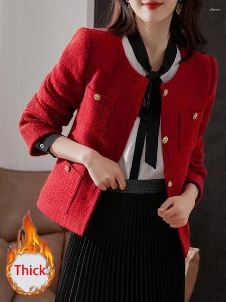 Chaquetas para mujeres elegantes navidad roja tweed chaqueta para mujeres invierno grueso espeso tibia dulce vintage diseño de manga larga tops casuales femeninos